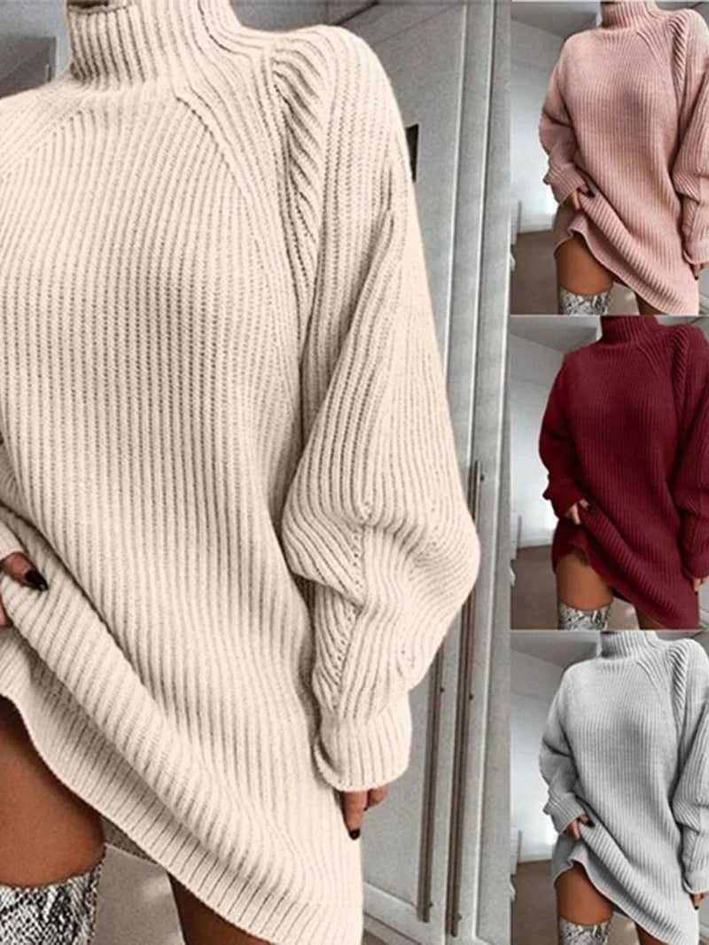 Women Turtleneck Oversized Knitted Dress Autumn Solid Long Sleeve Casual Elegant Mini Sweater Dress Winter Clothes