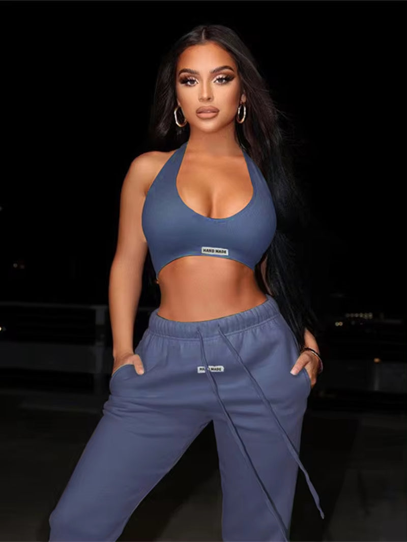 Sporty Two Piece Set Girl Halter Crop Tops+Drawstring Sweatpants Slim Activewear Casual Gym Workout Fitness Womens Outfits